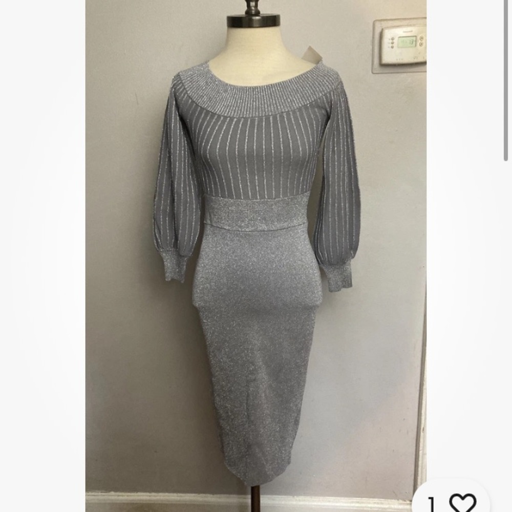 7-8 New York & Company Silver Sweater dress XS NEW NWT sheath Midi Bodycon